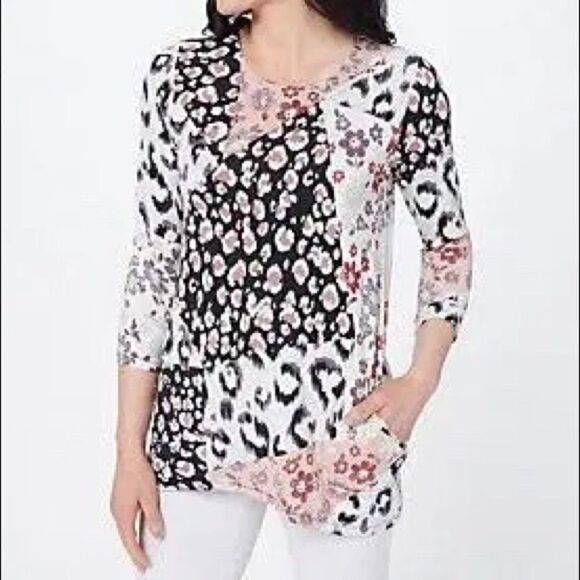 LOGO by Lori Goldstein Rayon 230 3/4 Sleeve Printed Top - Picture 1 of 6